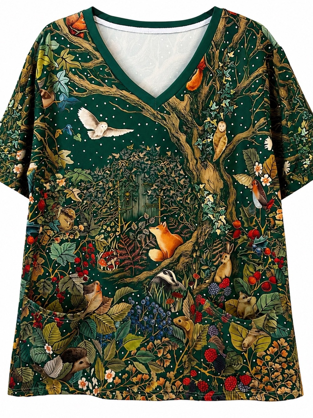 XL Woodland Forest Animal Cottagecore V-Neck Scrub Top🌲🦊